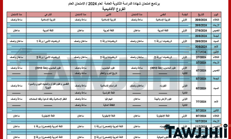 جدول امتحانات الثانوية العامة التوجيهي 2024